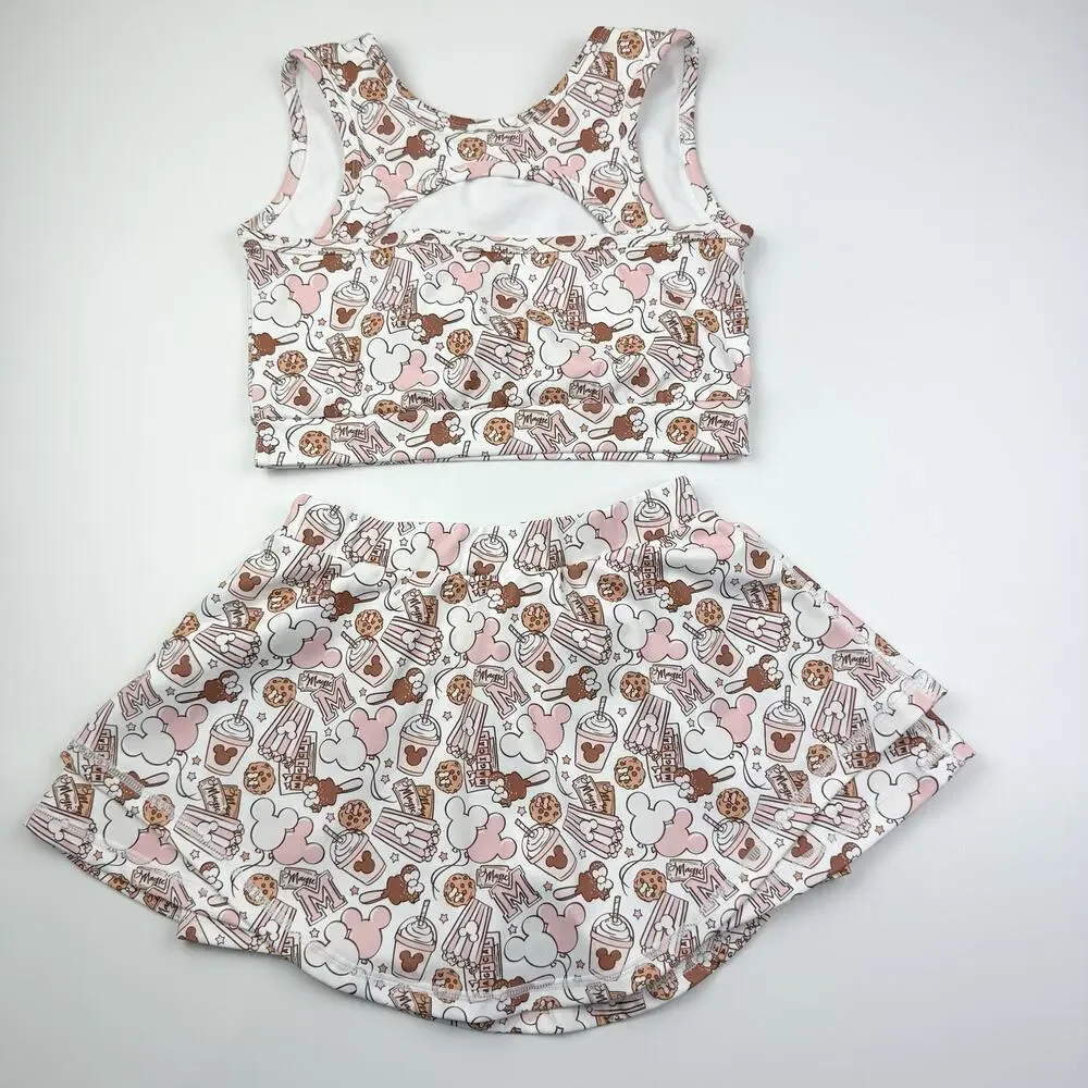 Kids Pink & Brown Printed Crop Top and Twirl Skirt Set - Picture 10 of 10